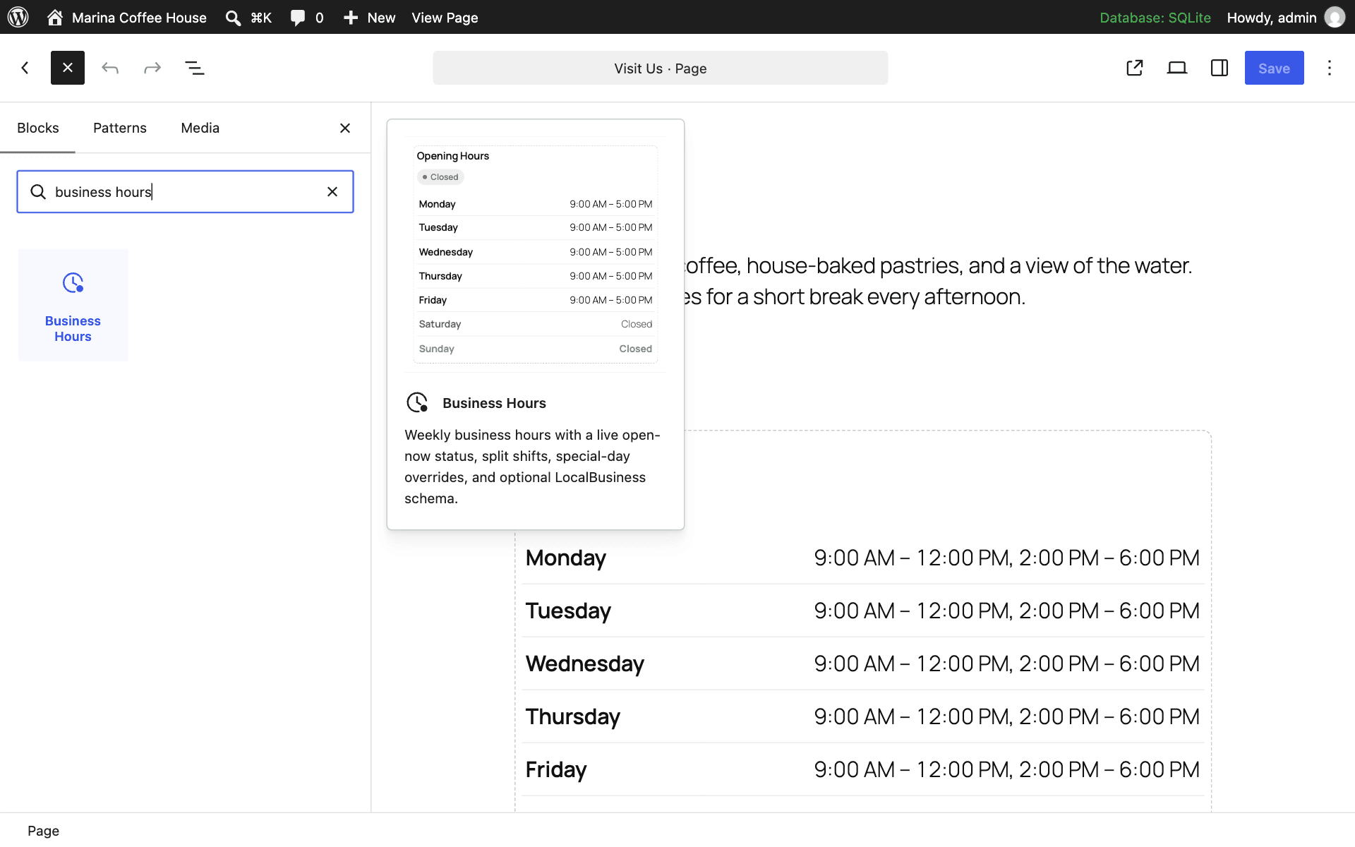 Block in the WordPress inserter — find it by searching "Business Hours".